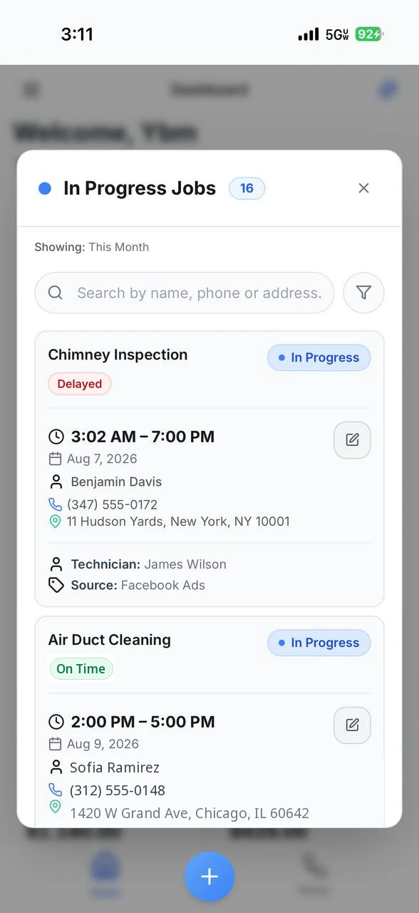 EZ Job mobile in progress jobs list with customer and technician details