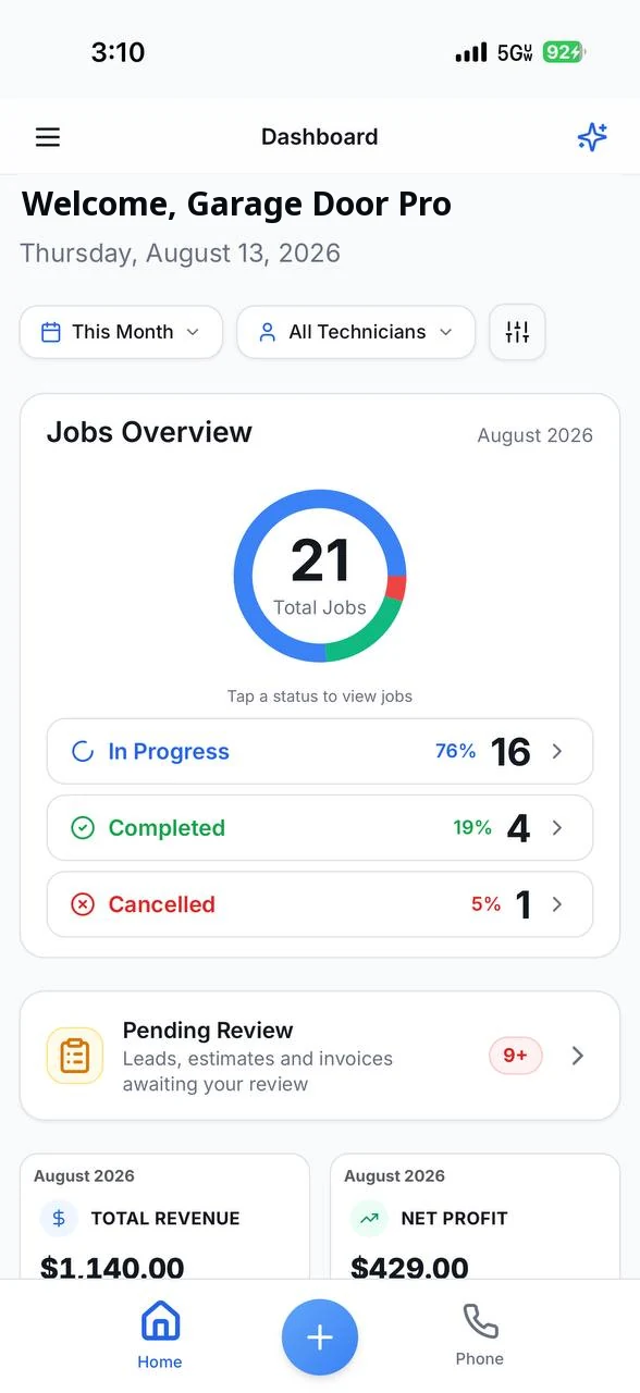 EZ Job mobile dashboard with jobs overview and revenue